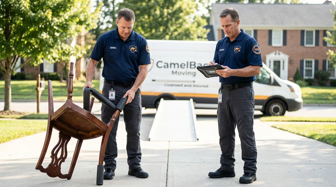 Movers inspecting furniture for damage prevention before loading in Lincoln Park, NJ