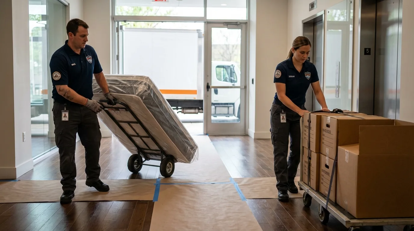 Professional apartment movers loading elevator in Lincoln Park, NJ