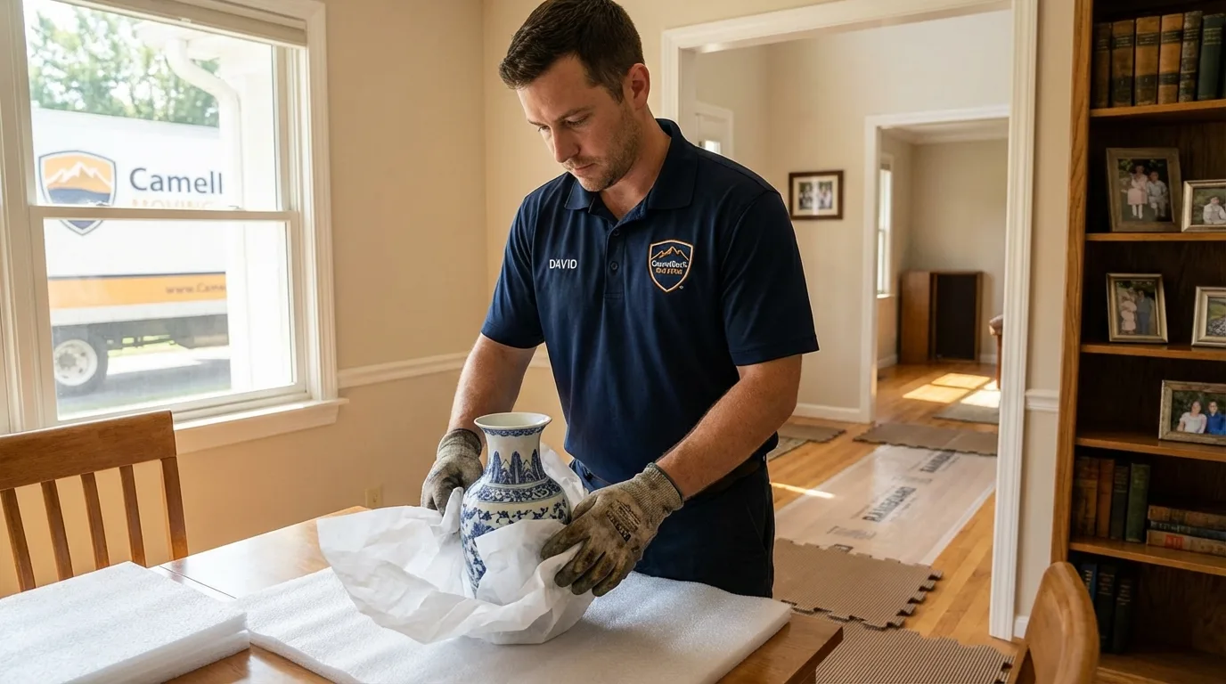 Professional crew carefully wrapping antique vase for senior downsizing move in Lincoln Park, NJ